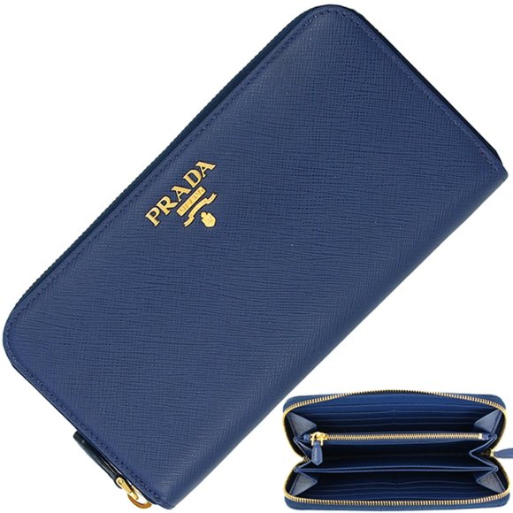 Prada Handbags - Prada Saffiano Signature Blue Wallet Gold Hardware
